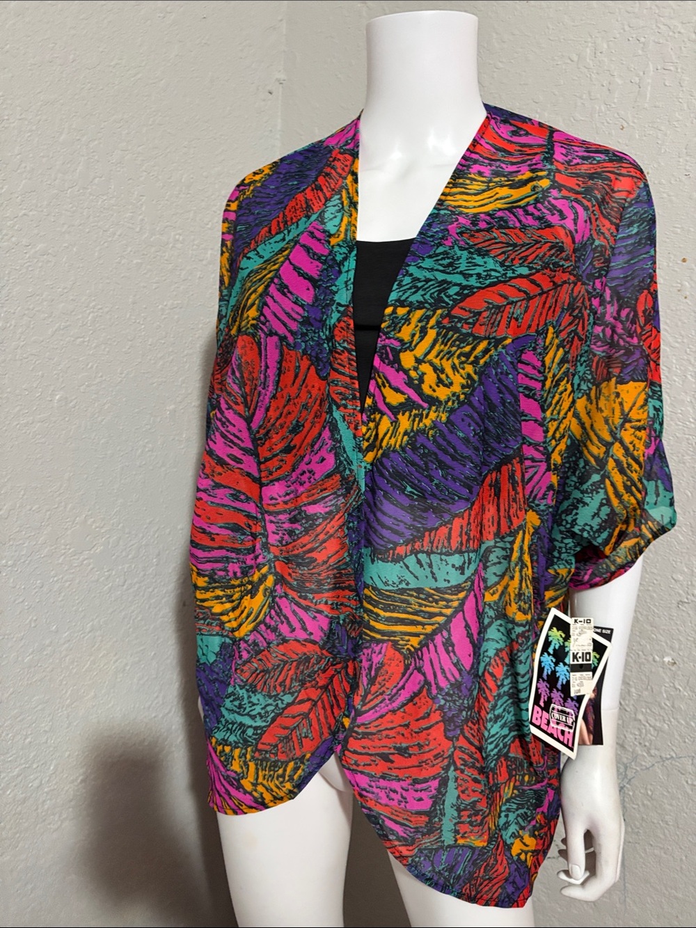 Tropical Leaf Print Open Kimono in Multicolor